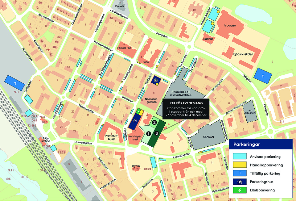 Karta över parkeringar i Gällivare centrum.