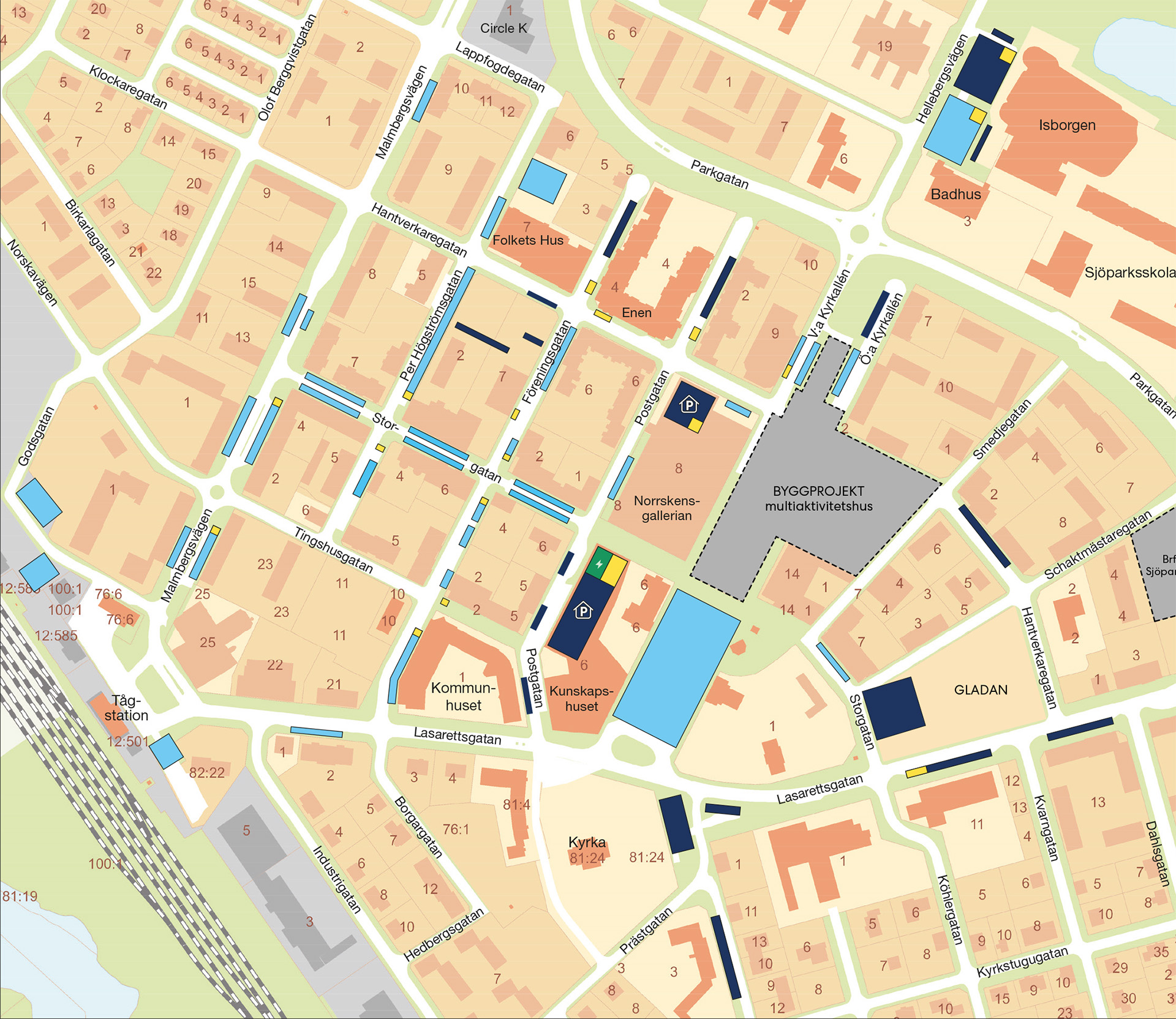 Karta över parkeringar i Gällivare centrum.